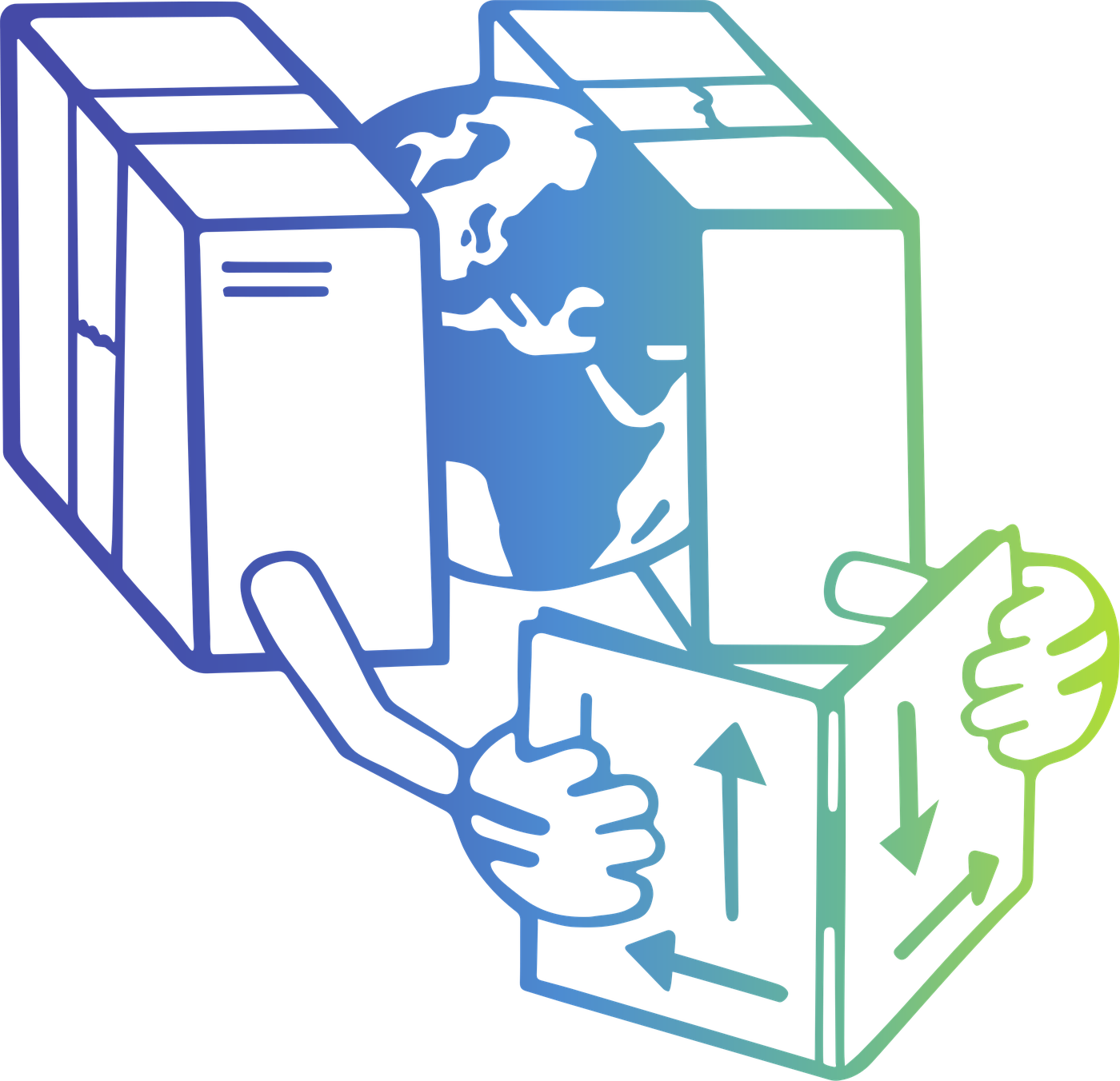 Illustration: Hände halten Pakete rund um einen Globus